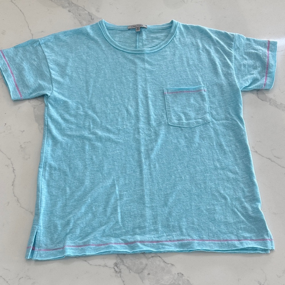 Lisa Todd Light Blue Short Sleeve Pocket Tee with Pink Stitching